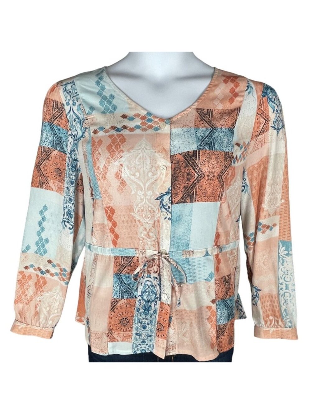 Chicos Top 2/L Multicolor Patchwork Flowy Tie Feminine Capsule Work Minimalist